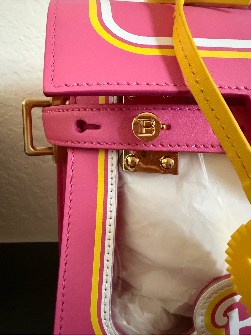 Balmain x BARBIE collab Pink and Yellow Logo Satchel with Gold Hardware - Picture 5 of 12